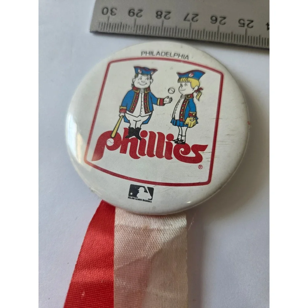 Vintage Philadelphia Phillies Phil and Phyllis Mascot Pinback Button with Ribbon